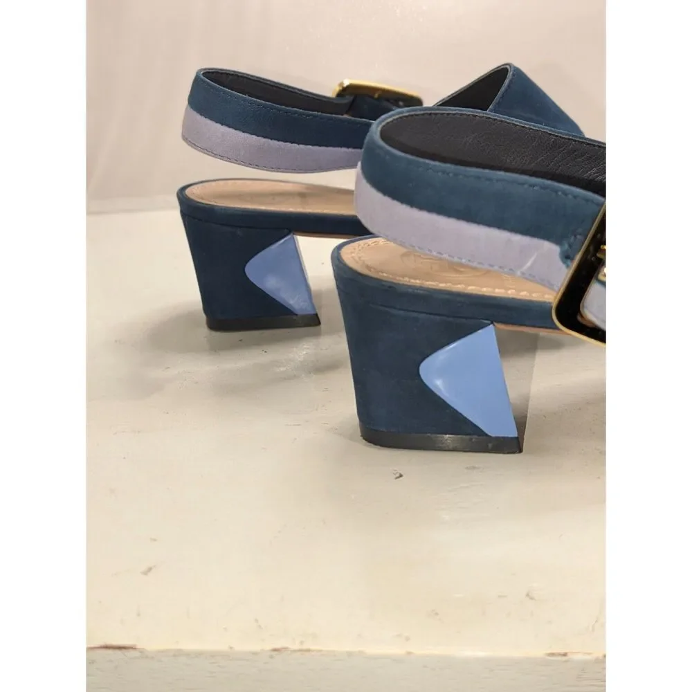 Tory Burch Teal and Light Blue Block Heel Sandals with Gold Buckle